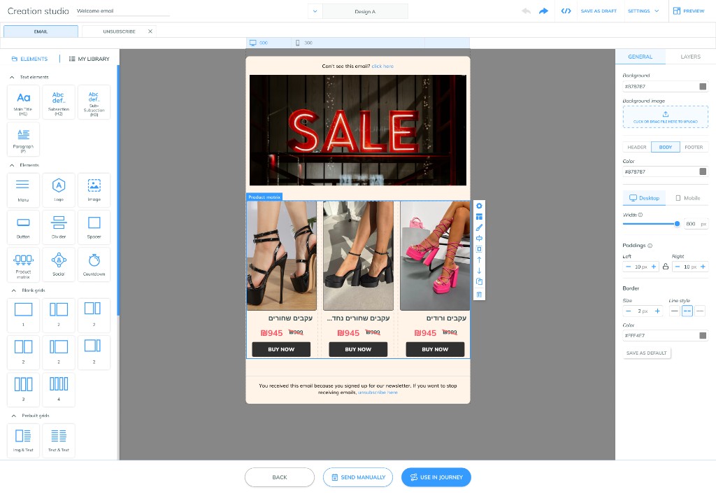 FORTVISION Email Creation Studio — drag-and-drop builder